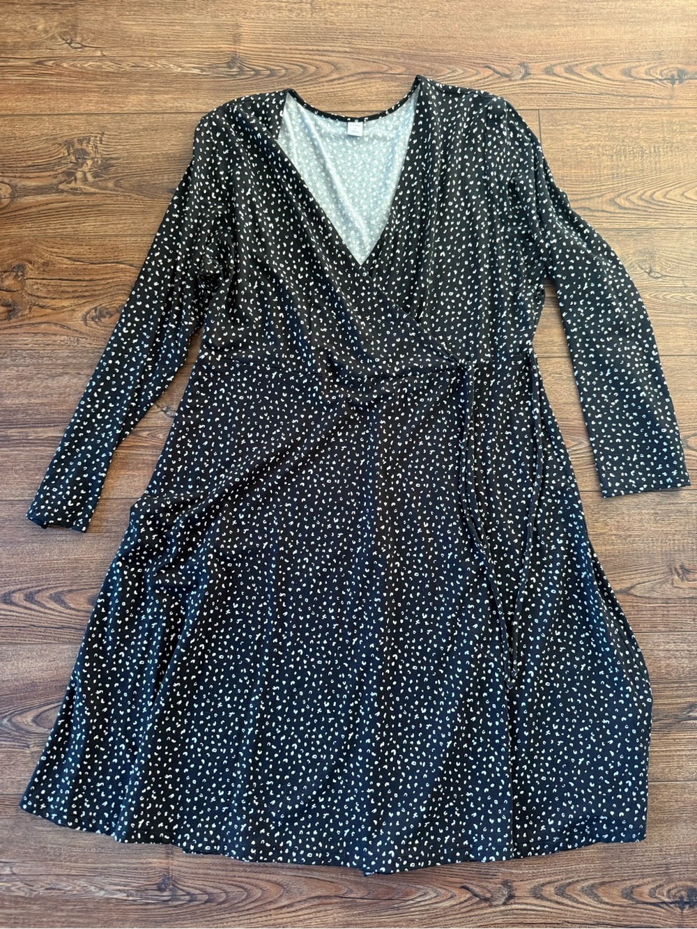 Old Navy Black Long-Sleeve Wrap Dress with White Dot Print